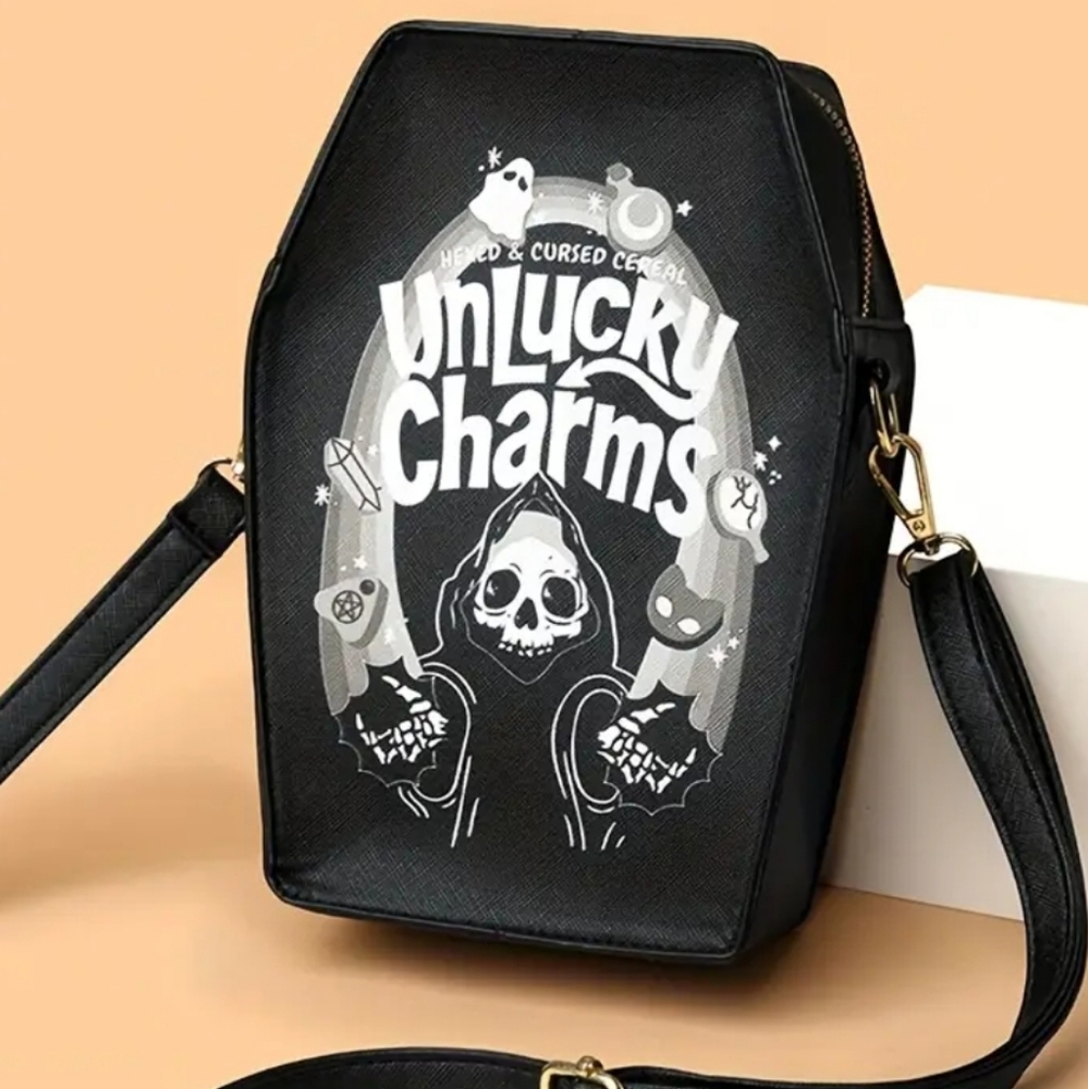 🆕️BLACK UNLUCKY CHARMS CEREAL GOTH VEGAN LEATHER COFFIN ZIPPERED CROSSBODY - Picture 11 of 16